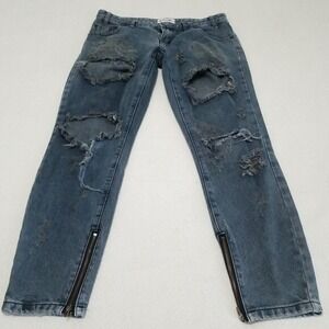 ONE x One Teaspoon Destroyed Skinny Denim Blue Jeans Womens 31 x 27 Zip Ankle